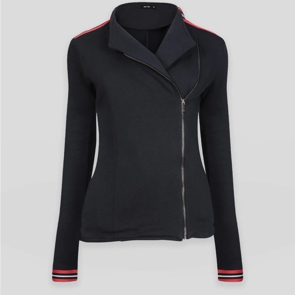 Saint + Sofia Organic Cotton Biker Jacket in Navy Red/Orange Stripe US 18 - Picture 3 of 14